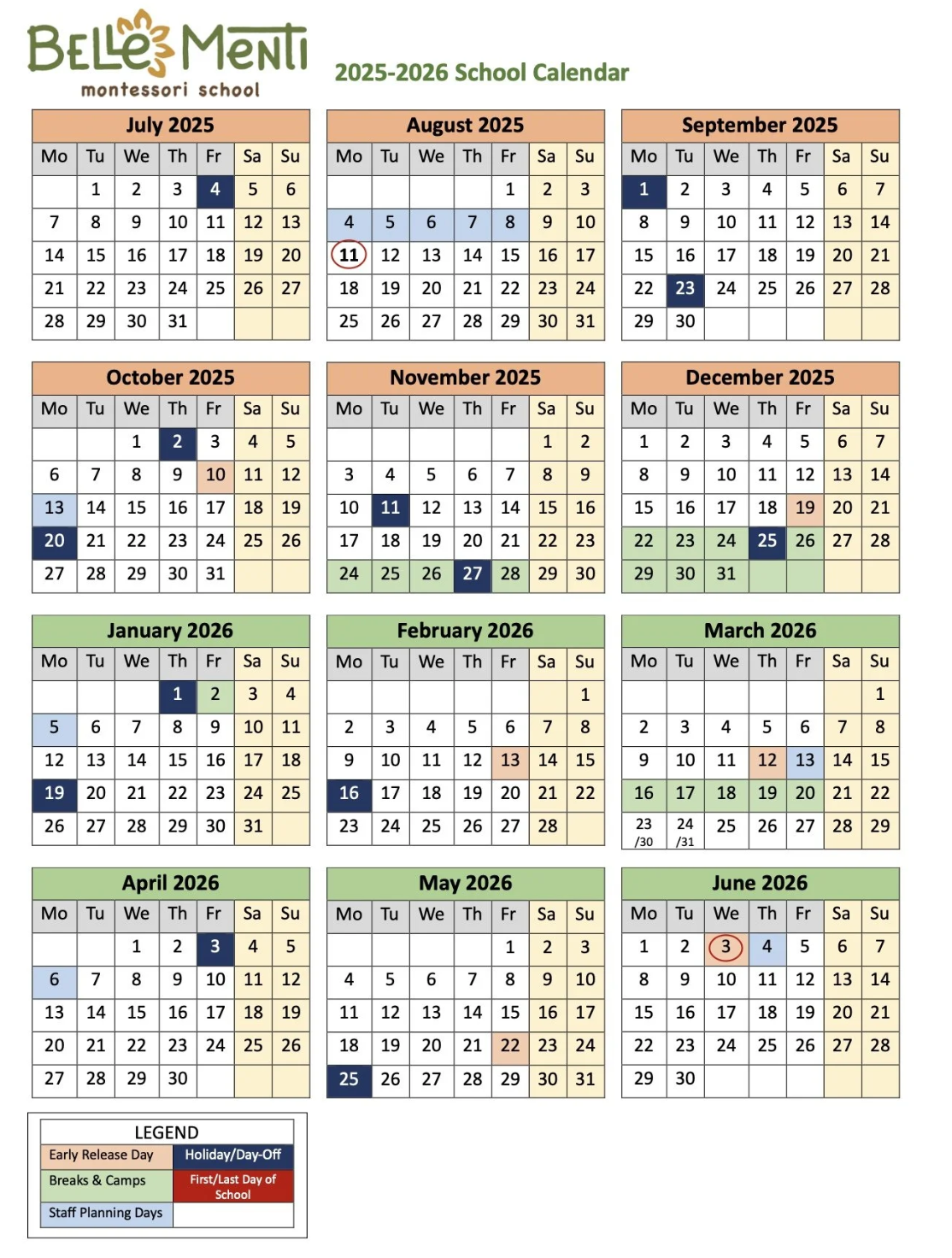 Belle Menti Montessori School Calendar 2025-2026